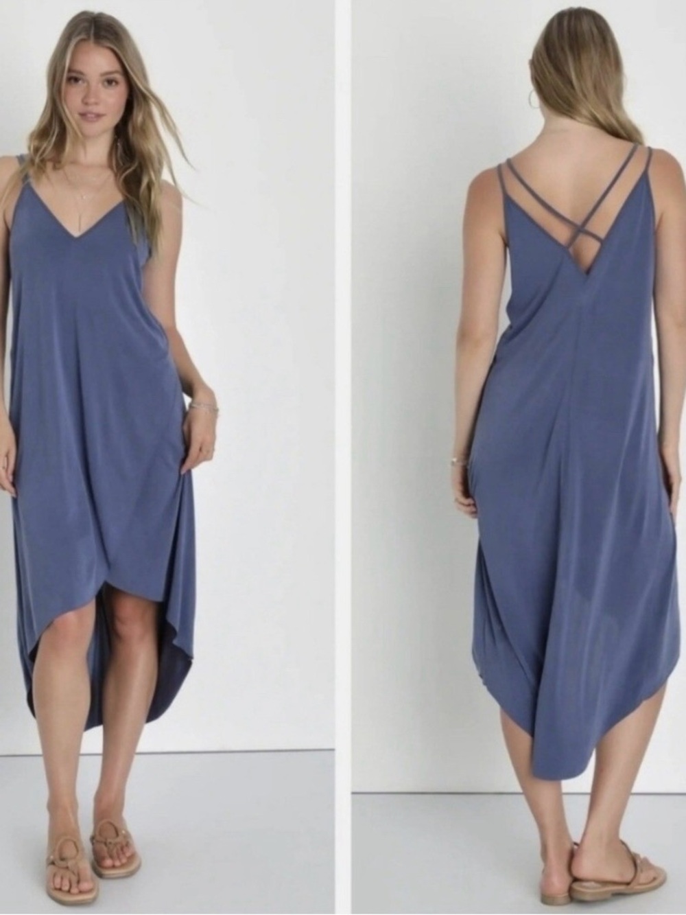 Lush Slate Blue Strappy V-Neck High-Low Dress